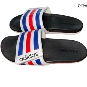 Adidas Adilette Slide Sandals Mens 9 White Red Blue Stripe Athletic Pool